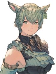 Rule 34 | 1girl, absurdres, animal ears, armor, bodice, cat ears, commentary, detached sleeves, earrings, final fantasy, final fantasy xiv, from side, green eyes, green hair, high collar, highres, jewelry, looking at viewer, maeka (kumaekake), miqo&#039;te, pauldrons, short hair, shoulder armor, simple background, single bare shoulder, single earring, single pauldron, slit pupils, smile, solo, upper body, warrior of light (ff14), white background