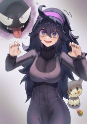 Rule 34 | 1girl, :d, @ @, black hair, breasts, claw pose, commentary request, cowlick, creatures (company), desire (tbot7), dress, game freak, gastly, gen 1 pokemon, gen 7 pokemon, grey background, hair between eyes, hairband, hands up, hex maniac (pokemon), highres, large breasts, long hair, long sleeves, looking at viewer, mimikyu, nail polish, nintendo, open mouth, pokemon, pokemon (creature), pokemon xy, purple eyes, purple hairband, smile