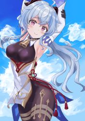 Rule 34 | 1girl, absurdres, ahoge, armpits, arms behind head, arms up, bare shoulders, bell, black leotard, blue hair, blue sky, blush, bodystocking, bodysuit, breasts, chinese knot, cloud, day, detached sleeves, flat4, flower knot, furrowed brow, ganyu (genshin impact), genshin impact, gold trim, groin, highres, horns, legs together, leotard, leotard under clothes, long hair, looking at viewer, low ponytail, medium breasts, neck bell, pelvic curtain, purple eyes, red rope, rope, sideboob, sidelocks, sky, smile, solo, standing, tassel, thighlet, thighs, vision (genshin impact), white sleeves