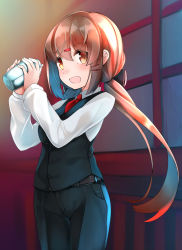 Rule 34 | 1girl, :d, alternate costume, belt, black pants, black vest, brown eyes, brown hair, buttons, comah, hair between eyes, hair ornament, hairclip, holding, kantai collection, long hair, long sleeves, low twintails, necktie, no headwear, open mouth, pants, red necktie, shirt, smile, solo, tashkent (kancolle), twintails, vest, white shirt