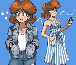 Rule 34 | 1girl, blue background, blue eyes, brown hair, denim, dress, earrings, flower earrings, hands in pockets, holding, holding phone, jacket, jeans, jewelry, loveycloud, mario (series), multiple views, nintendo, pants, phone, princess daisy, smile, striped clothes, striped dress
