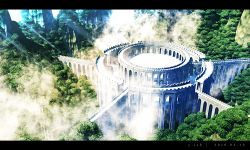 Rule 34 | artist name, bridge, castle, colosseum, dated, day, fog, highres, letterboxed, light rays, mountain, no humans, original, outdoors, scenery, sunlight, tree, waisshu (sougyokyuu), watermark