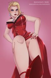 Rule 34 | 1girl, 2020, absurdres, artist name, bare arms, bare shoulders, blonde hair, blue eyes, breasts, cleavage, crotch, dated, dominatrix, dress, earrings, eyeshadow, female focus, female pubic hair, femdom, final fantasy, final fantasy vii, final fantasy vii remake, flashing, gradient background, hand on own hip, highres, jewelry, lace, lace trim, large breasts, legs, lipstick, looking at viewer, looking down, makeup, nail polish, nails, necklace, no panties, parted lips, patreon, patreon username, pov, pubic hair, pussy, raven nemore, red dress, red footwear, red lips, red nails, scarlet (ff7), shiny skin, shoes, simple background, solo, square enix, stomping, thighs, trample, upskirt, watermark, web address