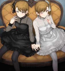 Rule 34 | 2girls, :o, ;), asymmetrical bangs, black dress, black legwear, blush, brown hair, contrast, couch, dress, feet out of frame, finger to mouth, futami ami, futami mami, hair ornament, hair scrunchie, highres, idolmaster, idolmaster (classic), lolita fashion, long sleeves, looking at viewer, multiple girls, on couch, one eye closed, one side up, pantyhose, petticoat, scrunchie, see-through, see-through sleeves, shushing, siblings, side ponytail, sisters, sitting, smile, symmetry, tsurui, twins, white dress, white legwear