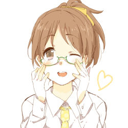 Rule 34 | 1girl, bespectacled, brown eyes, brown hair, dress shirt, glasses, hirasawa ui, k-on!, karuha, lowres, necktie, one eye closed, ponytail, shirt, short hair, simple background, solo, white background, wink, yellow necktie