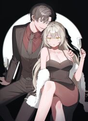 Rule 34 | 1boy, 1girl, absurdres, bishounen, breasts, cleavage, colored eyelashes, couple, cowboy shot, dress, formal, grey hair, hetero, highres, jacket, large breasts, lvemhrd, necktie, short hair, simple background, suit, suit jacket, tagme, thighs, vest, yellow eyes