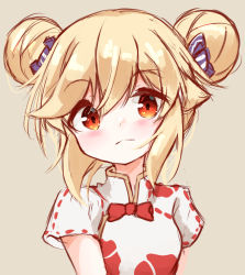 Rule 34 | 1girl, alternate costume, alternate hairstyle, blonde hair, blue bow, blush, bow, brown background, china dress, chinese clothes, closed mouth, double bun, dress, girls&#039; frontline, hair between eyes, hair bow, hair bun, hair up, head tilt, highres, looking at viewer, matsuo (matuonoie), nagant revolver (girls&#039; frontline), red bow, red eyes, short sleeves, sidelocks, simple background, solo, striped, striped bow, upper body, white dress