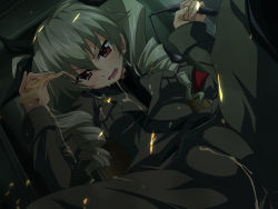 Rule 34 | 10s, 1girl, anchovy (girls und panzer), armband, belt, black shirt, blush, cameltoe, cheese, dress shirt, drill hair, female focus, food, girls und panzer, grey jacket, grey pants, hair ribbon, highres, holding, holding riding crop, jacket, long hair, long sleeves, looking at viewer, messy, military, military uniform, necktie, open mouth, pants, parsec ten, partially visible vulva, pizza, ribbon, riding crop, sexually suggestive, shirt, solo, spread legs, sweat, twin drills, twintails, uniform