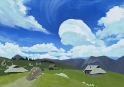 Rule 34 | absurdres, blue sky, building, clodsire, cloud, commentary, creatures (company), day, english commentary, fence, game freak, grass, highres, mountain, mountainous horizon, nintendo, no humans, outdoors, pikat, pokemon, pokemon (creature), rock, scenery, signature, sky, solo