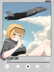 Rule 34 | 1girl, 1other, aircraft, airplane, artist name, atamonica, black sports bra, blonde hair, blue eyes, blue sky, blush, border, bra, breasts, canopy (aircraft), center-flap bangs, character name, cloud, collared shirt, cropped hoodie, f-35 lightning ii, fighter jet, finger to mouth, glasses, goggles, grey border, grey hood, grey hoodie, highres, hood, hoodie, index finger raised, jet, large breasts, leaning back, lockheed martin, looking at viewer, media player interface, midriff, military, military vehicle, open mouth, original, personification, play button, roundel, safety glasses, scenery, shirt, short hair, short sleeves, shushing, sitting, sky, solo focus, sports bra, thighs, through medium, underwear, united states air force, vehicle and personification