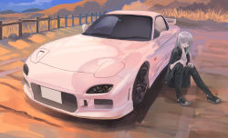 Rule 34 | 1girl, black footwear, black jacket, black pants, car, closed mouth, commentary request, fence, grey hair, highres, jacket, license plate, long hair, mazda, mazda rx-7, mazda rx-7 fd, momo hiki, motor vehicle, open clothes, open jacket, original, outdoors, pants, personification, shoes, short sleeves, sitting, sneakers, solo, sports car, vehicle focus, wooden fence