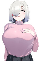 Rule 34 | 1girl, absurdres, blue eyes, breasts, dress, hair ornament, hair over one eye, hairclip, hamakaze (kancolle), hand on own chest, hauto-san, highres, jewelry, kantai collection, large breasts, looking at viewer, medium hair, pink dress, ring, sweater, turtleneck, turtleneck dress, upper body, white background, white hair