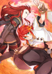 Rule 34 | 00s, 2boys, asch (tales), bad id, bad pixiv id, boots, fiery background, fingerless gloves, fire, gloves, green eyes, jacket, long hair, luke fon fabre, male focus, multiple boys, pants, red hair, surcoat, tales of (series), tales of the abyss, touge78, v