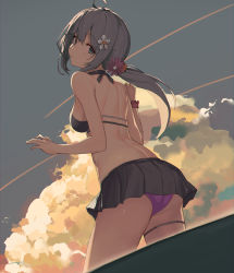 Rule 34 | 1girl, ahoge, akebono (kancolle), ass, bell, bikini, black bikini, blue eyes, blue sky, breasts, closed mouth, cloud, commentary, flower, from behind, hair bell, hair flower, hair ornament, highres, kantai collection, long hair, looking at viewer, medium breasts, oweee, ponytail, purple hair, sky, solo, swimsuit