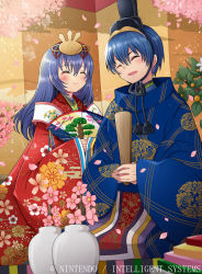 Rule 34 | 1boy, 1girl, alternate costume, blue hair, caeda (fire emblem), closed mouth, company name, copyright name, closed eyes, fire emblem, fire emblem: mystery of the emblem, fire emblem cipher, flower, hair ornament, hand fan, holding, japanese clothes, kei s01, long hair, long sleeves, marth (fire emblem), nintendo, official art, open mouth, paper fan, petals, short hair, smile, wide sleeves