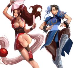 Rule 34 | 2girls, bare shoulders, boots, bracelet, braid, breasts, brown eyes, brown hair, bun cover, capcom, china dress, chinese clothes, chun-li, cleavage, crossover, double bun, dress, fatal fury, female focus, fingerless gloves, folding fan, gloves, hair bun, hair ornament, hand fan, highres, holding, holding fan, japanese clothes, jewelry, kimono, large breasts, leotard, leotard peek, long hair, looking at viewer, matching hair/eyes, meke (77842928), multiple girls, ninja, open mouth, pantyhose, pelvic curtain, red eyes, revealing clothes, shiranui mai, simple background, smile, spiked bracelet, spikes, street fighter, the king of fighters, thick thighs, thighhighs, thighs, very long hair, weapon, white background, white footwear
