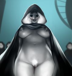Rule 34 | 1girl, 3others, amaurot, black lips, black nipples, black robe, breasts, censored, colored nipples, colored pubic hair, colored skin, cowboy shot, female pubic hair, final fantasy, final fantasy xiv, from below, groin, highres, hood, hood up, hooded robe, large breasts, lips, looking at viewer, mask, mosaic censoring, mrkg (arsfatuus), multiple others, naked robe, navel, nipples, parted lips, pubic hair, robe, short hair, solo focus, thighs, white hair, white pubic hair, white skin