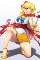 Rule 34 | 1girl, ;o, aino minako, bare legs, bishoujo senshi sailor moon, blonde hair, blue bow, blue eyes, blue sailor collar, blush, bow, brooch, commentary request, elbow gloves, full body, gloves, hair bow, hands up, heart, heart brooch, high heels, highres, holiday (pangjelly), jewelry, leotard, leotard peek, long hair, looking at viewer, magical girl, miniskirt, on one knee, one eye closed, open mouth, orange sailor collar, orange skirt, panties, red bow, restrained, revision, sailor collar, sailor senshi uniform, sailor venus, shirt, shoes, skirt, solo, strangling, strappy heels, super sailor venus, teeth, tentacles, thighs, twintails, underwear, upper teeth only, upskirt, white gloves, white shirt