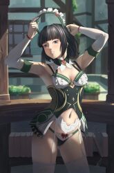 Rule 34 | 1girl, absurdres, arched back, bare shoulders, black hair, black nails, blander mc, blue eyes, blunt bangs, blurry, blurry background, breasts, commentary, detached sleeves, frills, genshin impact, grin, highres, holding headdress, katheryne (genshin impact), latin commentary, light particles, looking at viewer, maid headdress, medium breasts, navel, panties, short hair, smile, solo, thighhighs, underwear
