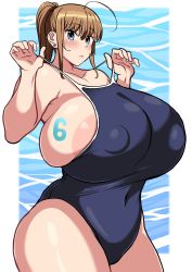 Rule 34 | 1girl, areola slip, blue eyes, blue one-piece swimsuit, blush, body writing, breasts, brown hair, clothes grab, covered erect nipples, ear piercing, female focus, gigantic breasts, highres, huge breasts, komusou (jinrikisha), large areolae, long hair, looking at viewer, number tattoo, one-piece swimsuit, original, piercing, plump, simple background, smile, solo, swimsuit, tattoo