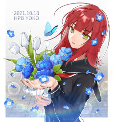 Rule 34 | 1girl, absurdres, black serafuku, black shirt, blouse, blue flower, bouquet, bug, butterfly, character name, cowboy shot, dated, falling petals, flower, green eyes, hand up, happy birthday, highres, holding, holding bouquet, insect, katori youko, long hair, long sleeves, neck ribbon, parted lips, pbn (user cdey3224), petals, red hair, red ribbon, ribbon, sailor collar, school uniform, serafuku, shirt, solo, standing, white background, world trigger
