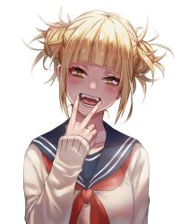 Rule 34 | 10s, 1girl, :d, blonde hair, blunt bangs, blush, boku no hero academia, breasts, cardigan, double bun, hair bun, half-closed eyes, hand fan, highres, long sleeves, looking at viewer, open mouth, sailor collar, school uniform, serafuku, short twintails, simple background, smile, solo, tight (ohmygod), toga himiko, twintails, v, white background