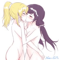 Rule 34 | 2girls, asymmetrical docking, ayase eli, blonde hair, blush, breasts, cleavage, collarbone, couple, closed eyes, hair ornament, highres, kiss, long hair, love live!, love live! school idol project, multiple girls, navel, nude, ponytail, purple hair, scrunchie, sideboob, simple background, tojo nozomi, twintails, white background, yuri, zan