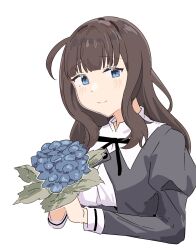 Rule 34 | 1girl, assault lily, black ribbon, blue eyes, blue flower, blunt bangs, blush, bouquet, breasts, brown hair, closed mouth, commentary, cropped jacket, cropped torso, flower, hands up, highres, holding, holding bouquet, juliet sleeves, kaede johan nouvel, long hair, long sleeves, looking at viewer, medium breasts, natsumiya kuina, neck ribbon, own hands together, puffy sleeves, ribbon, school uniform, shirt, sidelocks, simple background, smile, solo, upper body, white background, white shirt, yurigaoka girls academy school uniform