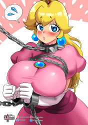 Rule 34 | 1girl, absurdres, bdsm, blonde hair, blue eyes, blush, bondage, bound, breasts, chain, closed mouth, collar, cowboy shot, crown, cuffs, dress, earrings, gloves, highres, jewelry, large breasts, leash, long hair, looking at viewer, mario (series), nintendo, pink background, pink dress, princess peach, puffy short sleeves, puffy sleeves, restrained, sasa tseng, shackles, shiny clothes, short sleeves, slave, solo, spiked collar, spikes, spoken sweatdrop, standing, super mario bros. 1, sweatdrop, white background, white gloves