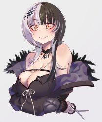 Rule 34 | 1girl, black choker, black hair, black nails, breasts, choker, cleavage, coat, fur trim, grey hair, hair ornament, highres, hololive, hololive english, jacket, large breasts, long hair, looking at viewer, multicolored hair, nnnhan 99, scissors, shiori novella, shiori novella (1st costume), smile, solo, split-color hair, two-tone hair, upper body, virtual youtuber, white hair, yellow eyes