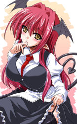Rule 34 | 1girl, black thighhighs, blush, breasts, demon girl, demon tail, garter straps, koakuma, large breasts, long hair, looking at viewer, necktie, pointy ears, red hair, red necktie, shirt, sketch, smile, solo, tail, thighhighs, touhou, untucked shirt, wings, yamu (reverse noise), yellow eyes