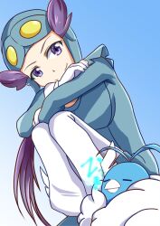 Rule 34 | 1girl, absurdres, bird, blue suit, blue unitard, closed eyes, creatures (company), crossed arms, formal, game freak, gen 3 pokemon, gloves, goggles, goggles on head, highres, long hair, long sleeves, negimiso1989, nintendo, on ground, pilot helmet, pilot suit, pokemon, pokemon (creature), pokemon oras, ponytail, purple eyes, purple hair, sitting, sleeping, suit, swablu, unitard, white gloves, winona (pokemon), zzz