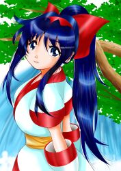 Rule 34 | 1girl, absurdres, ainu clothes, alternate hairstyle, arms behind back, blue eyes, blue hair, breasts, fingerless gloves, from side, gloves, hair ribbon, highres, large breasts, looking at viewer, nakoruru, open mouth, ponytail, ribbon, samurai spirits, sideboob, smile, snk, solo, the king of fighters, water, waterfall