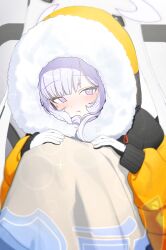 Rule 34 | 1girl, blue archive, blush, closed mouth, fur-trimmed jacket, fur trim, gloves, halo, highres, himari (blue archive), hood, hood up, jacket, long hair, long sleeves, looking at viewer, official alternate costume, purple eyes, purple halo, solo, white gloves, white hair, yellow jacket, zanya 000