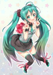 Rule 34 | 1girl, ahoge, artist name, bico (bicoris), black thighhighs, blush, double v, full body, green eyes, green hair, hatsune miku, long hair, looking at viewer, nail polish, necktie, open mouth, skirt, solo, thighhighs, twintails, v, very long hair, vocaloid, wrist cuffs