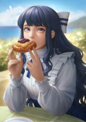 Rule 34 | 1girl, blue eyes, blue hair, blurry, blurry background, bow, cloud, cloudy sky, commentary, eating, english commentary, final fantasy, final fantasy xiv, food, frills, hair bow, heart, highres, holding, holding food, long hair, long sleeves, looking at viewer, outdoors, plate, puffy sleeves, sitting, sky, solo, table, warrior of light (ff14), wavy hair, winterleigh, wynteria lei