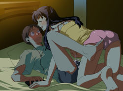 Rule 34 | 1boy, 1girl, age difference, all fours, ass, ayanashi kunio, bad id, bad pixiv id, bare arms, bare legs, barefoot, blue eyes, blush, brown hair, camisole, closed eyes, commentary, couple, earphones, feet, girl on top, green shirt, happy, hetero, ikari shinji, indoors, kanimayo, katsuragi misato, long hair, looking at another, lying, neck, neon genesis evangelion, nervous, older woman and younger man, on back, on bed, open mouth, pillow, pink shorts, purple hair, shade, shirt, short hair, short shorts, short sleeves, shorts, shy, smile, straight hair, surprised, sweatdrop, t-shirt, tank top, yellow tank top
