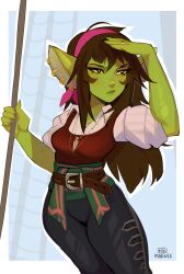 Rule 34 | 1girl, absurdres, artist name, belt, black eyes, black pants, brown belt, brown hair, collared shirt, colored sclera, colored skin, earrings, female goblin, goblin, green skin, hairband, highres, holding, holding polearm, holding weapon, jewelry, large ears, long hair, maewix (artist), narrowed eyes, necklace, original, pants, pink hairband, pirate, pointy ears, polearm, red tank top, ring, shirt, short sleeves, solo, tank top, weapon, white shirt, yellow sclera