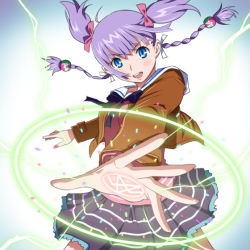 Rule 34 | 10s, 1girl, blue eyes, bow, hair bow, hair ornament, jacket, magic circle, miniskirt, open mouth, outstretched arm, purple hair, quad tails, skirt, sudou cecil, wizard barristers: benmashi cecil, yazwo