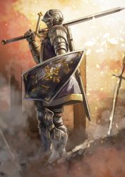 Rule 34 | 1boy, armor, claymore (sword), dark souls (series), dark souls i, full armor, gauntlets, helmet, highres, knight, koruse, male focus, oscar of astora, scabbard, sheath, shield, solo, sword, weapon