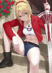 Rule 34 | 1girl, bandeau, blonde hair, braid, breasts, clarent (fate), closed mouth, collarbone, commentary request, crop top, denim, denim shorts, door, fate/apocrypha, fate (series), french braid, green eyes, hair between eyes, hair ornament, hair scrunchie, holding, holding weapon, jacket, jewelry, leaning forward, long sleeves, looking at viewer, micro shorts, midriff, mordred (fate), mordred (fate/apocrypha), mordred (memories at trifas) (fate), nananichi, navel, pendant, pink lips, ponytail, red jacket, red scrunchie, scrunchie, shorts, sitting, small breasts, stairs, stomach, sword, thighs, weapon