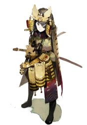 Rule 34 | 1girl, armor, black eyes, crossdressing, eyepatch, helmet, japanese armor, kabuto (helmet), katana, kusazuri, okama, onabe, original, samurai, sheath, sheathed, simple background, solo, sword, weapon