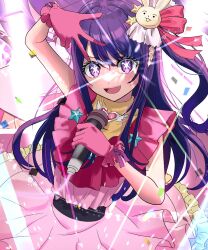 Rule 34 | 1girl, :d, belt, black belt, blush, brooch, commentary request, cowboy shot, dress, frilled dress, frilled gloves, frills, gloves, hair between eyes, hair ornament, hair ribbon, heart, heart brooch, highres, holding, holding microphone, hoshino ai (oshi no ko), idol, idol clothes, jewelry, lens flare, long hair, looking at viewer, microphone, multicolored hair, natadekoko (nata hfa), one side up, open mouth, oshi no ko, partial commentary, pink dress, pink gloves, pink hair, pink ribbon, purple eyes, purple hair, rabbit hair ornament, ribbon, sidelocks, sleeveless, sleeveless dress, smile, solo, sparkle, star-shaped pupils, star (symbol), star hair ornament, streaked hair, symbol-shaped pupils, teeth, turtleneck, turtleneck dress, upper teeth only, w, zoom layer
