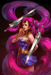 Rule 34 | 1girl, absurdly long hair, artist name, breasts, cleavage, cowboy shot, entrapta, gem, gloves, gradient background, lipstick, long hair, looking at viewer, makeup, masters of the universe, medium breasts, pink eyes, pink hair, realistic, simple background, solo, standing, sword, teeth, tiara, twintails, upper body, very long hair, weapon