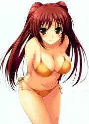 Rule 34 | 00s, 1girl, absurdres, arms behind back, bare shoulders, bikini, blush, breasts, brown eyes, cleavage, highres, huge filesize, kousaka tamaki, large breasts, leaning forward, long hair, non-web source, orange bikini, red hair, side-tie bikini bottom, simple background, smile, solo, swimsuit, to heart, to heart (series), to heart 2, tomose shunsaku, twintails