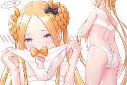 Rule 34 | 1girl, abigail williams (fate), abigail williams (swimsuit foreigner) (fate), abigail williams (swimsuit foreigner) (third ascension) (fate), ass, back, bare shoulders, bikini, black bow, blonde hair, blue eyes, blush, bow, braid, braided bun, breasts, double bun, fate/grand order, fate (series), forehead, hair bun, keyhole, long hair, looking at viewer, multiple bows, multiple views, orange bow, parted bangs, sidelocks, simple background, small breasts, sogdin, swimsuit, thighs, twintails, very long hair, white background, white bikini