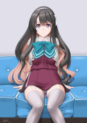Rule 34 | 1girl, black hair, bow, bowtie, couch, grey panties, grey thighhighs, hair bow, hairband, highres, kantai collection, large bow, long hair, looking at viewer, multicolored hair, naganami (kancolle), on couch, panties, pink hair, purple eyes, signature, simple background, solo, t2r, thighhighs, two-tone hair, underwear, white bow