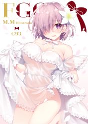 Rule 34 | 1girl, ass, blush, board game, breasts, cleavage, clothes lift, comiket 93, cover, cover page, dress, dress lift, fate/grand order, fate (series), gloves, go (board game), hair over one eye, high heels, highres, large breasts, looking at viewer, mash kyrielight, mash kyrielight (formal dress), miko (royal milk), neck ribbon, official alternate costume, purple eyes, ribbon, see-through, short hair, solo, white dress, white footwear, white gloves