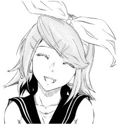 Rule 34 | 1girl, asunogear, bow, collarbone, eyelashes, closed eyes, greyscale, hair bow, hair ornament, hairclip, halftone, happy, headset, highres, kagamine rin, leaning to the side, monochrome, open mouth, sailor collar, short hair, sleeveless, smile, solo, vocaloid