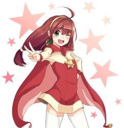Rule 34 | 1girl, ahoge, antenna hair, blush, brown hair, cape, coat, green eyes, hair ornament, hairband, lilka eleniak, long hair, long sleeves, looking at viewer, low-tied long hair, one eye closed, open mouth, solo, standing, star (symbol), thighhighs, tongue, upper body, v, white background, white thighhighs, wild arms, wild arms 2, yellow hairband